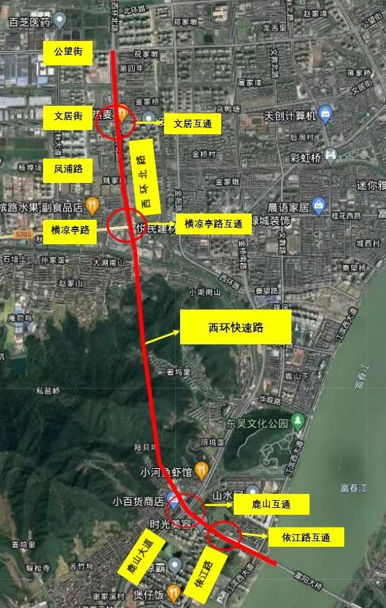 沿西环北路往南布设至大盘山后,设隧道穿越大盘山,出洞后与富阳大桥相